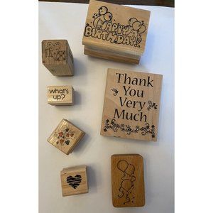 Lot of 7 wood mounted rubber stamps birthday thank you hearts balloons